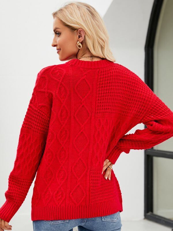 Casual Round-neck Pullover Sweater Solid Color Cable-knot Pattern