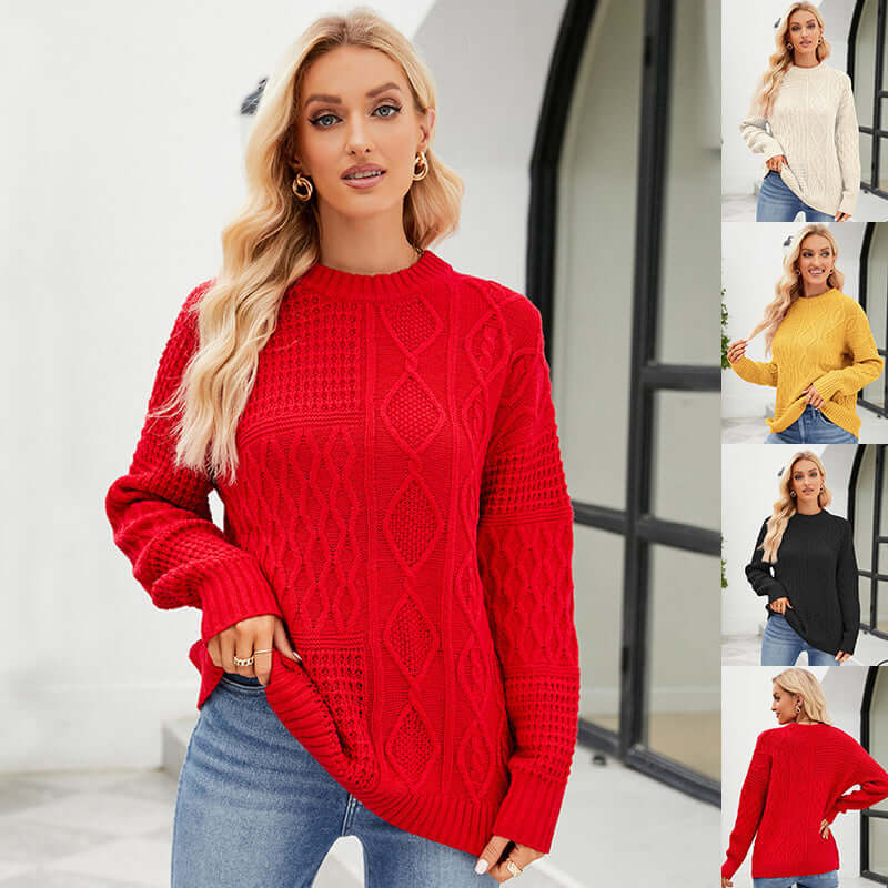 Casual Round-neck Pullover Sweater Solid Color Cable-knot Pattern