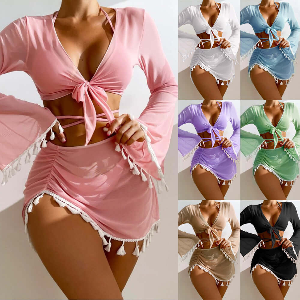 4pcs Solid Color Bikini With Short Skirt And Long Sleeve Cover-up Fashion Bow Tie Fringed Swimsuit Set Summer Beach Womens Clothing Novahst Novah