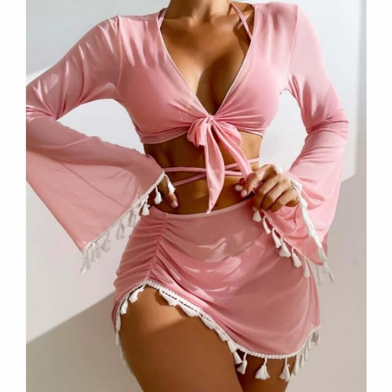 4pcs Solid Color Bikini With Short Skirt And Long Sleeve Cover-up Fashion Bow Tie Fringed Swimsuit Set Summer Beach Womens Clothing Novahst Novah