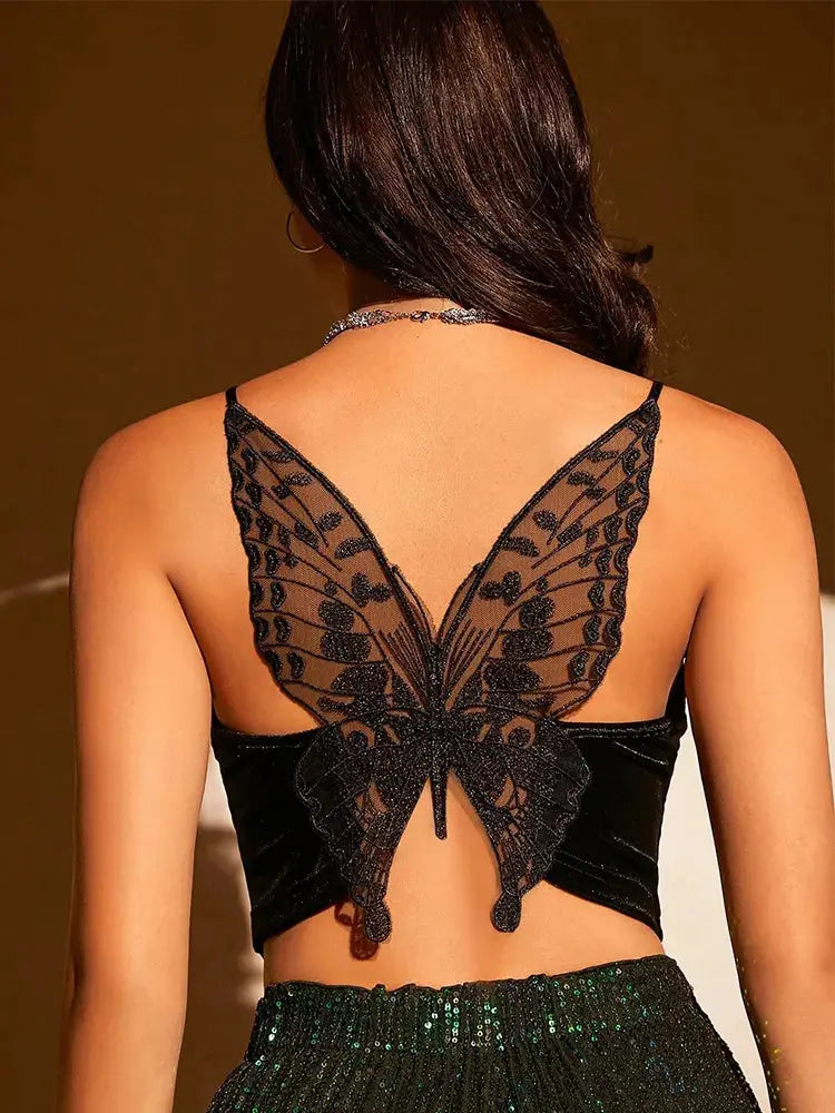 2023 Sexy Butterfly Embroidery Mesh Velvet Cami Top for Women - V-neck Sleeveless, Party Clothes - Novah V-neck Sleeveless 11.99