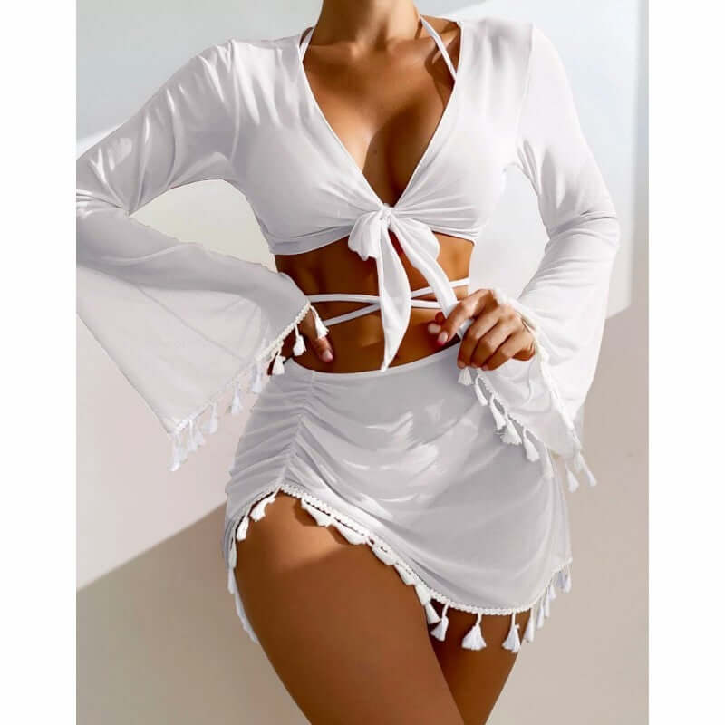 4pcs Solid Color Bikini With Short Skirt And Long Sleeve Cover-up Fashion Bow Tie Fringed Swimsuit Set Summer Beach Womens Clothing Novahst Novah