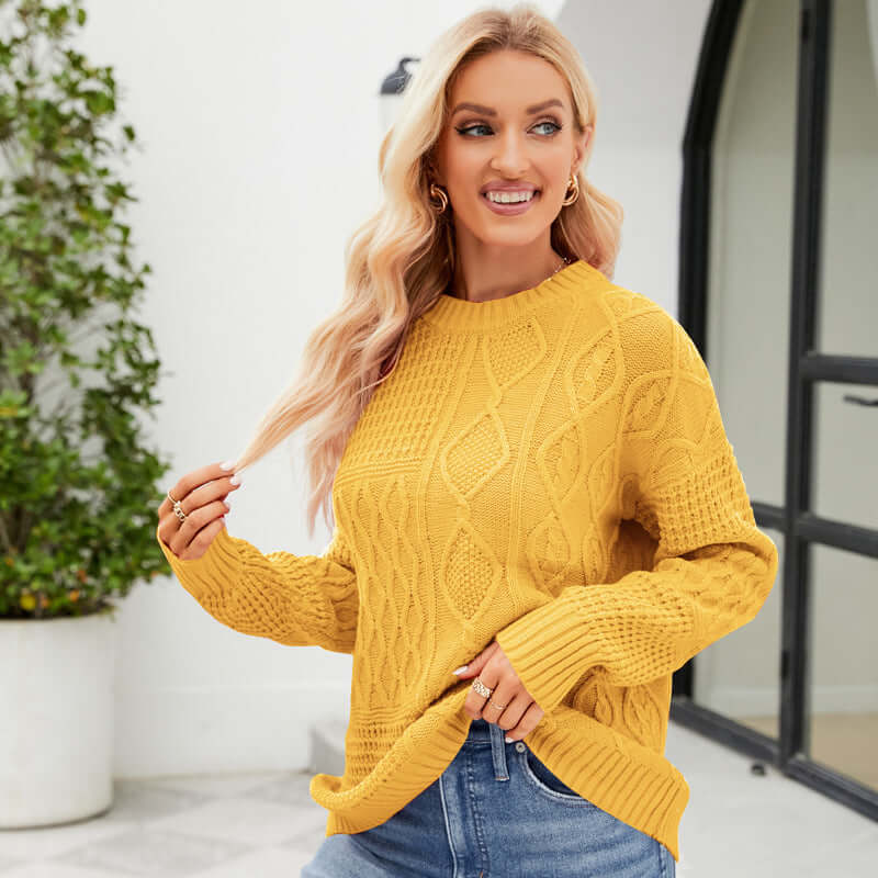 Casual Round-neck Pullover Sweater Solid Color Cable-knot Pattern