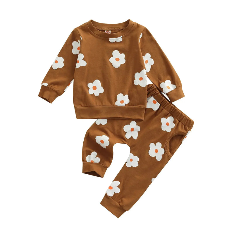 Lioraitiin 0-4Years Casual Pants for Toddle Baby Girl 2Pcs Autumn Clothing Set Long Sleeve O-neck Floral Printed Top Long Pants Casual Outfit - Novah