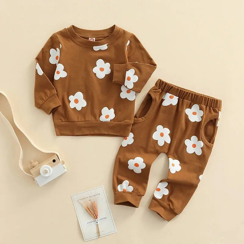 Lioraitiin 0-4Years Casual Pants for Toddle Baby Girl 2Pcs Autumn Clothing Set Long Sleeve O-neck Floral Printed Top Long Pants Casual Outfit - Novah