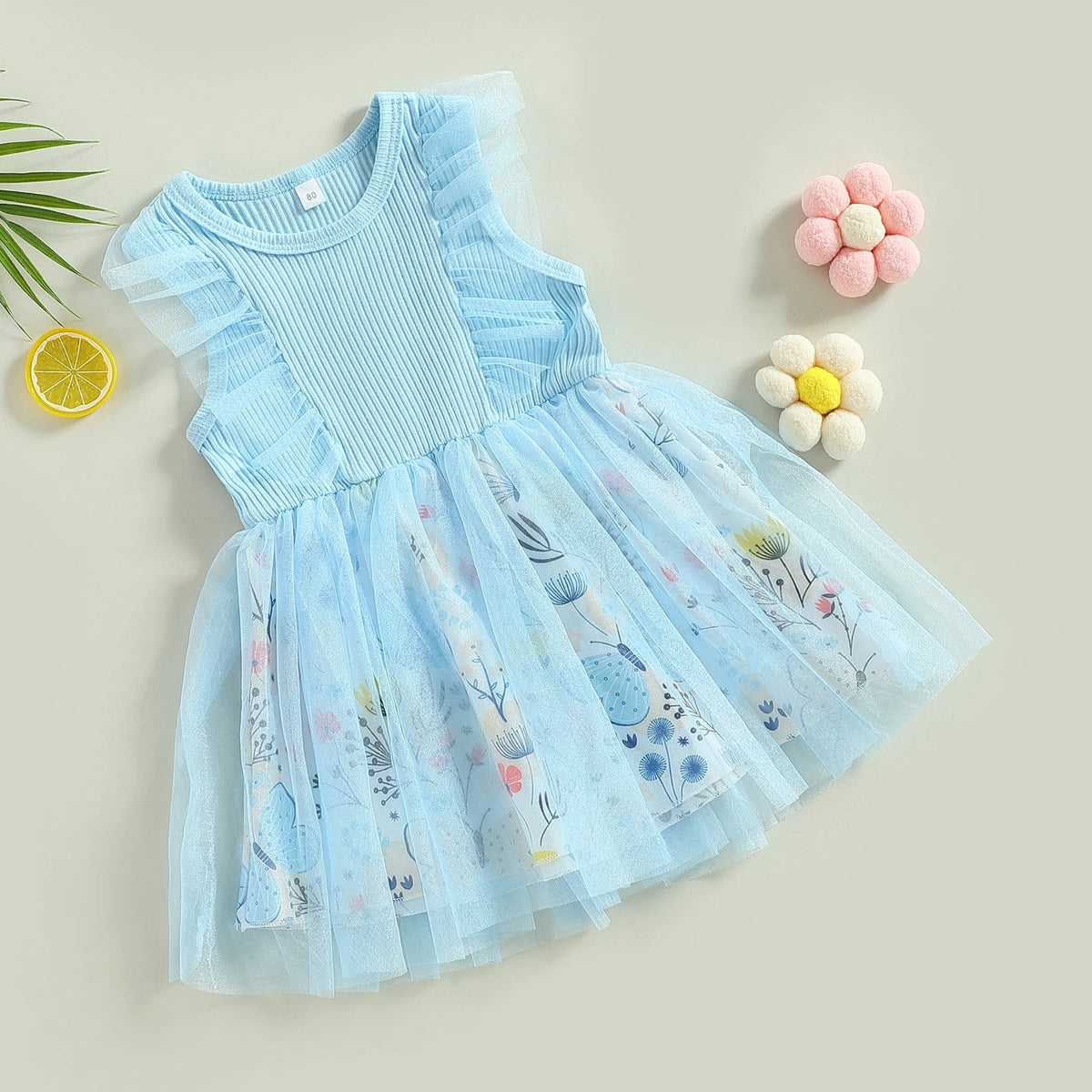 FOCUSNORM 0-5Y Toddler Girls Summer Dress Casual Floral Print Mesh Patchwork Ruffle Sleeveless Tutu Sundress Novah Novah