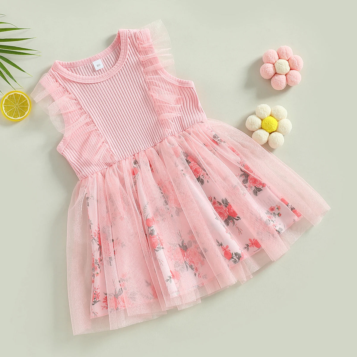 FOCUSNORM 0-5Y Toddler Girls Summer Dress Casual Floral Print Mesh Patchwork Ruffle Sleeveless Tutu Sundress Novah Novah