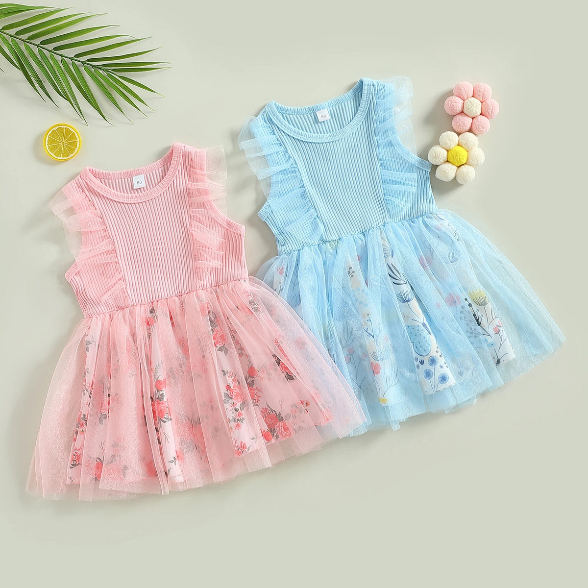 FOCUSNORM 0-5Y Toddler Girls Summer Dress Casual Floral Print Mesh Patchwork Ruffle Sleeveless Tutu Sundress Novah Novah