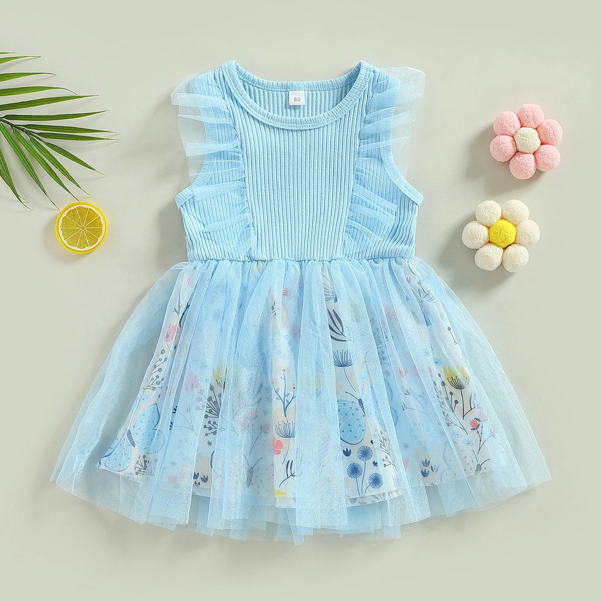 FOCUSNORM 0-5Y Toddler Girls Summer Dress Casual Floral Print Mesh Patchwork Ruffle Sleeveless Tutu Sundress Novah Novah