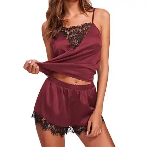 Sexy Lace Sleepwear Set - Satin, Sleeveless, Backless, Strappy, Pajama for Women - Novah 