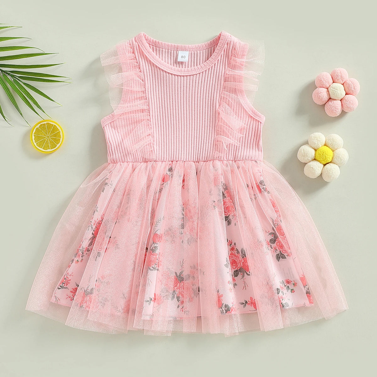 FOCUSNORM 0-5Y Toddler Girls Summer Dress Casual Floral Print Mesh Patchwork Ruffle Sleeveless Tutu Sundress Novah Novah