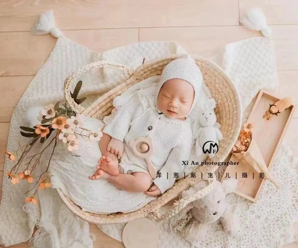 Straw Basket Newborn Photography Props Newborn Posing Nest Photo Baby Changing Basket with Handles Baby Photography Accessories Novah