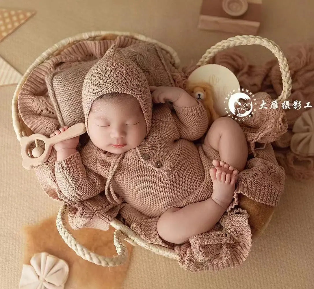 Straw Basket Newborn Photography Props Newborn Posing Nest Photo Baby Changing Basket with Handles Baby Photography Accessories Novah