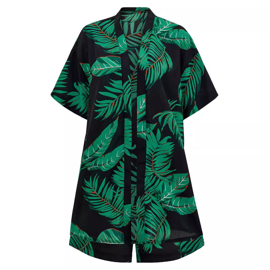 2pcs Casual Holiday Leaves Print Suit Summer Short Sleeve Shirt Top And Drawstring Shorts Sets For Womens Clothing Novahst Novah