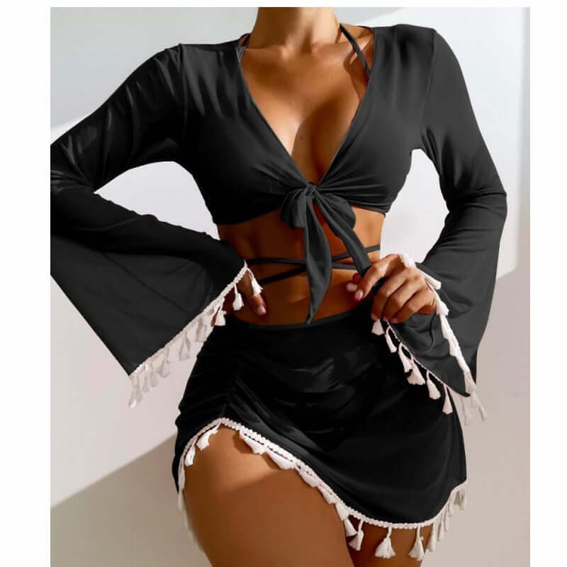 4pcs Solid Color Bikini With Short Skirt And Long Sleeve Cover-up Fashion Bow Tie Fringed Swimsuit Set Summer Beach Womens Clothing Novahst Novah