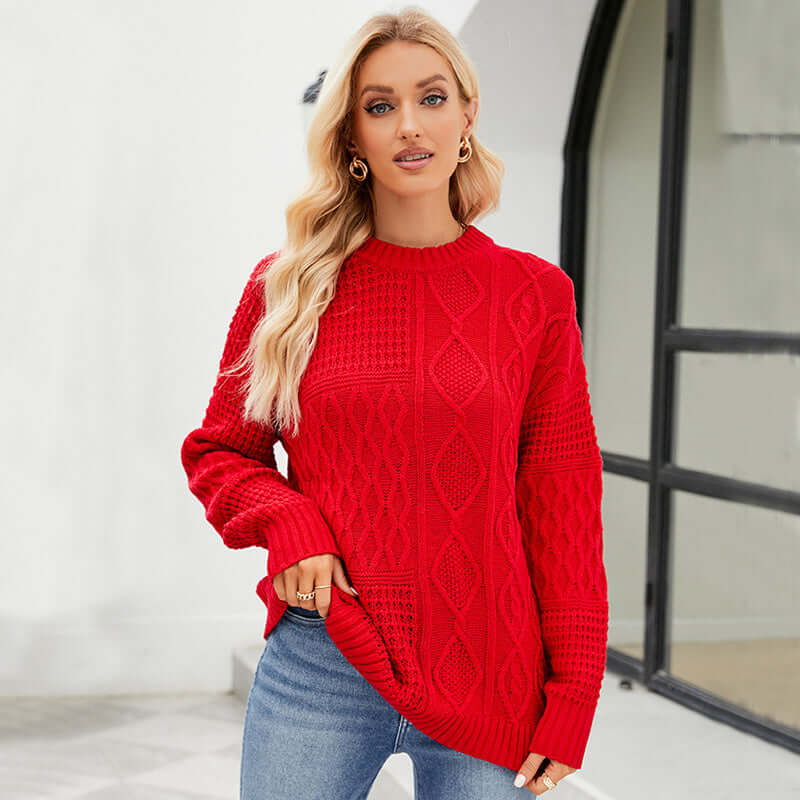 Casual Round-neck Pullover Sweater Solid Color Cable-knot Pattern