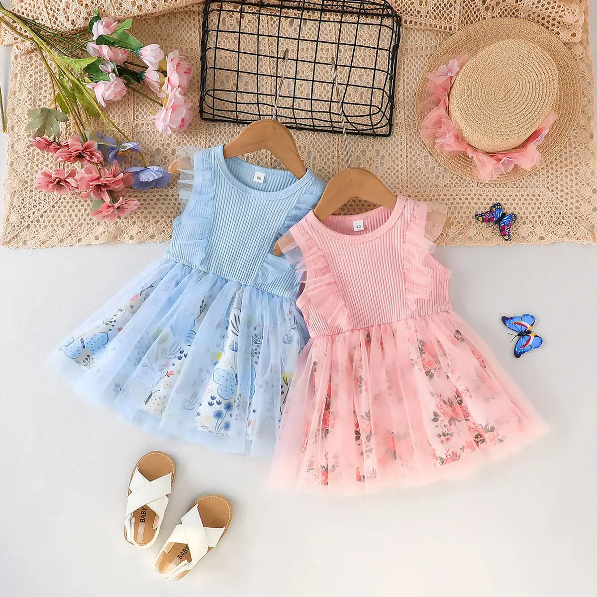 FOCUSNORM 0-5Y Toddler Girls Summer Dress Casual Floral Print Mesh Patchwork Ruffle Sleeveless Tutu Sundress Novah Novah